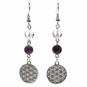 Boucles d’oreilles pendantes Améthyste cristal de roche et fleur de vie