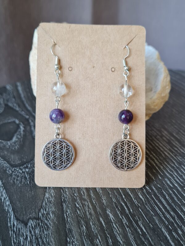 boucle d'oreilles améthyste cristal de roche fleur de vie